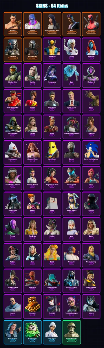 [PC/PSN] | Menace | Kymera | Gear Specialist Maya | Fade | Deadpool | 64 skin | 53 pickaxe | 39 emote | 43 glider | Lv528