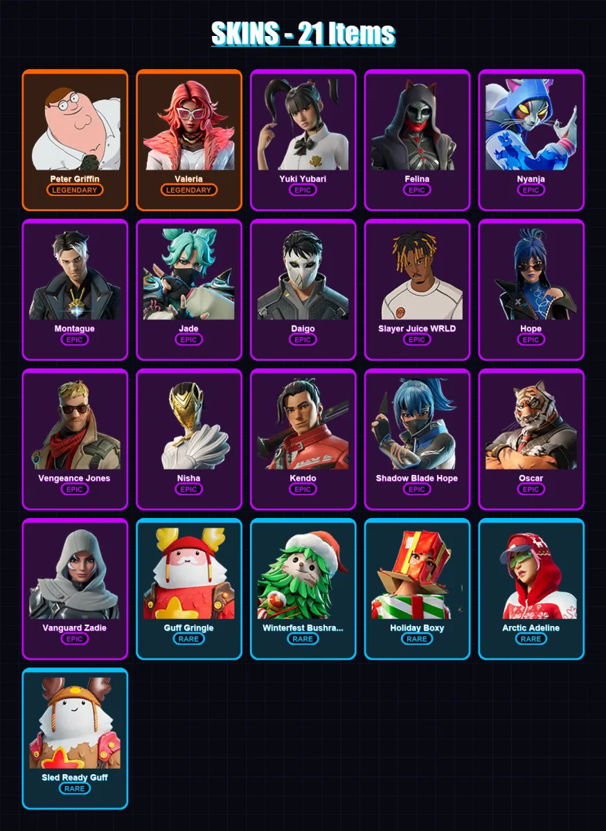 [PC/XBOX/PSN] | Peter Griffin | Valeria | Yuki Yubari | Felina | Nyanja | 21 skin | 53 pickaxe | 24 emote | 45 glider | Lv565