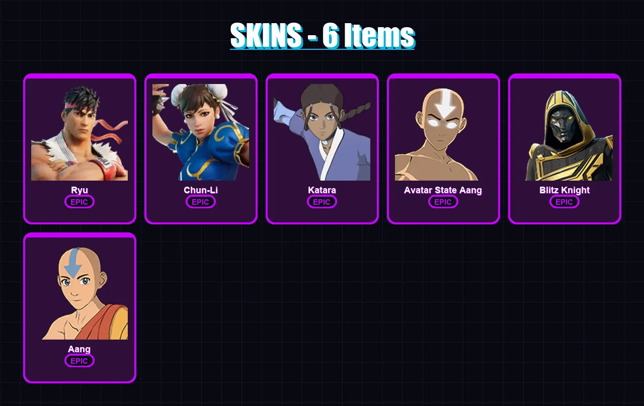 [PC/XBOX/PSN] | Ryu | Chun-Li | Katara | Avatar State Aang | Blitz Knight | 6 skin | 9 pickaxe | 11 emote | 8 glider | Lv135