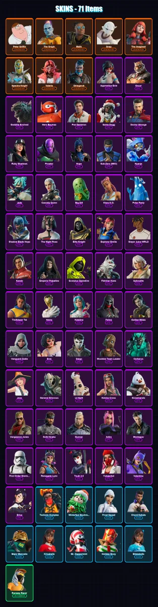 [PC/XBOX/PSN] | Peter Griffin | The Origin | Malik | Snap | The Imagined | 71 skin | 116 pickaxe | 79 emote | 98 glider | Lv1861