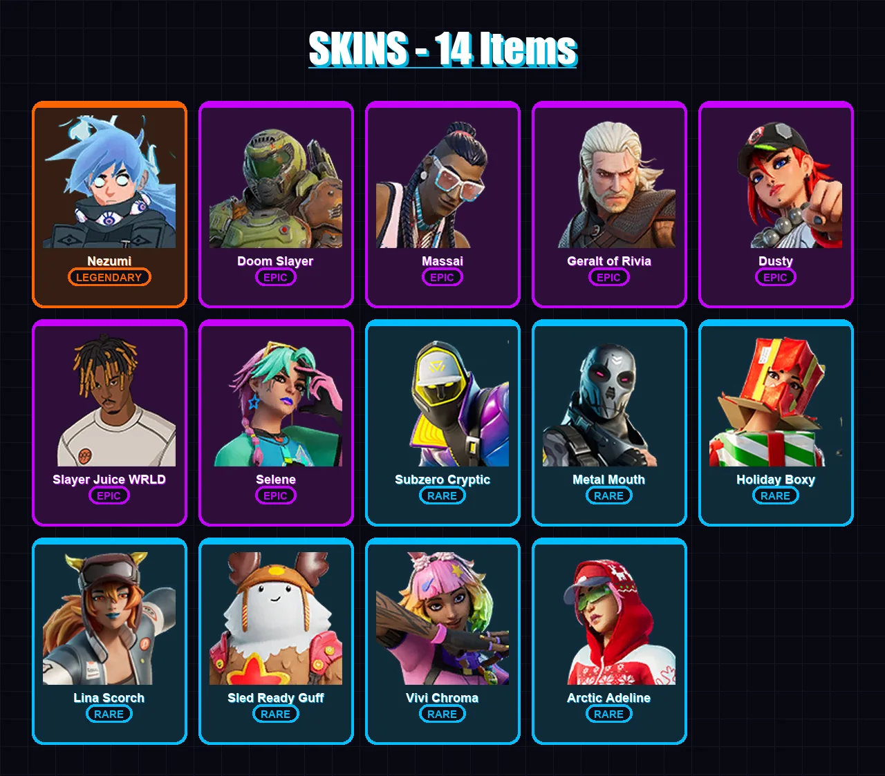 [PS4/PS5/XBOX/PC] | Nezumi | Doom Slayer | Massai | Geralt of Rivia | Dusty | 14 skin | 27 pickaxe | 19 emote | 29 glider | Lv277
