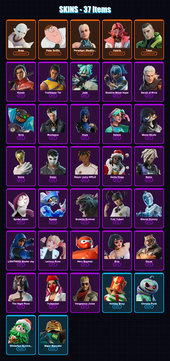 [SWITCH/XBOX/PSN/PC] | Snap | Peter Griffin | Paradigm (Reality-659) | Valeria | Twyn | 37 skin | 72 pickaxe | 38 emote | 53 glider | Lv784