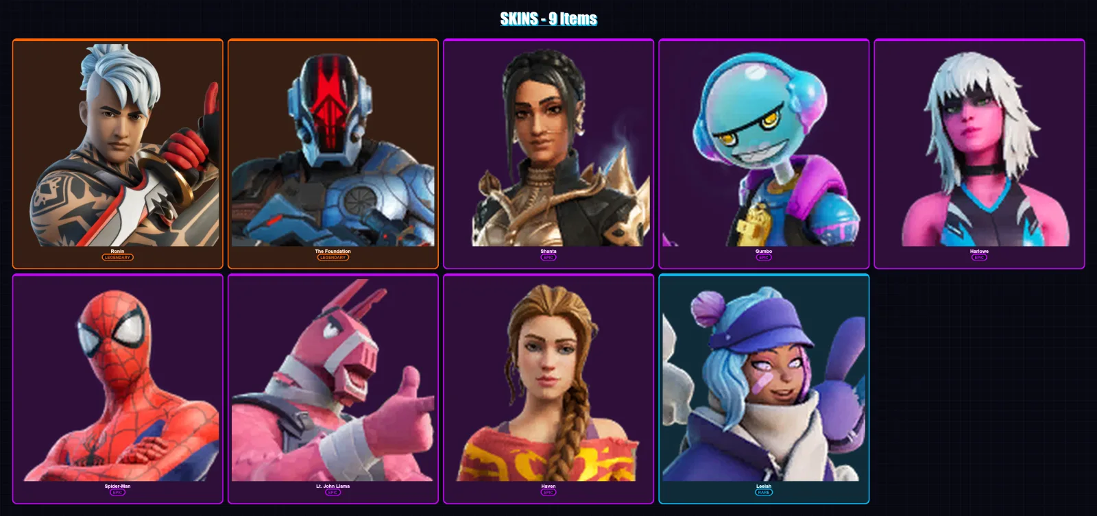 [PC/XBOX/PSN] | Ronin | The Foundation | Shanta | Gumbo | Harlowe | 9 skin | 9 pickaxe | 8 emote | 10 glider | Lv124