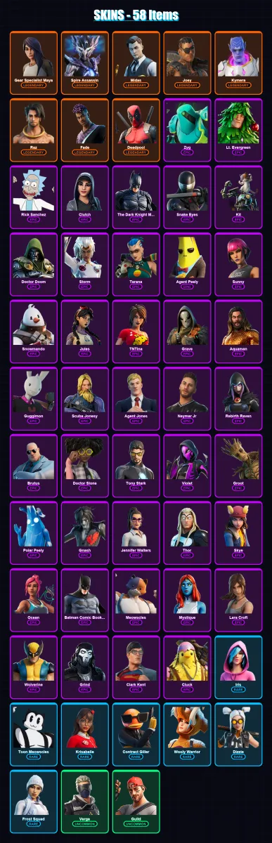 [PC/XBOX/PSN] | Gear Specialist Maya | Spire Assassin | Midas | Joey | Kymera | 58 skin | 57 pickaxe | 66 emote | 60 glider | Lv960