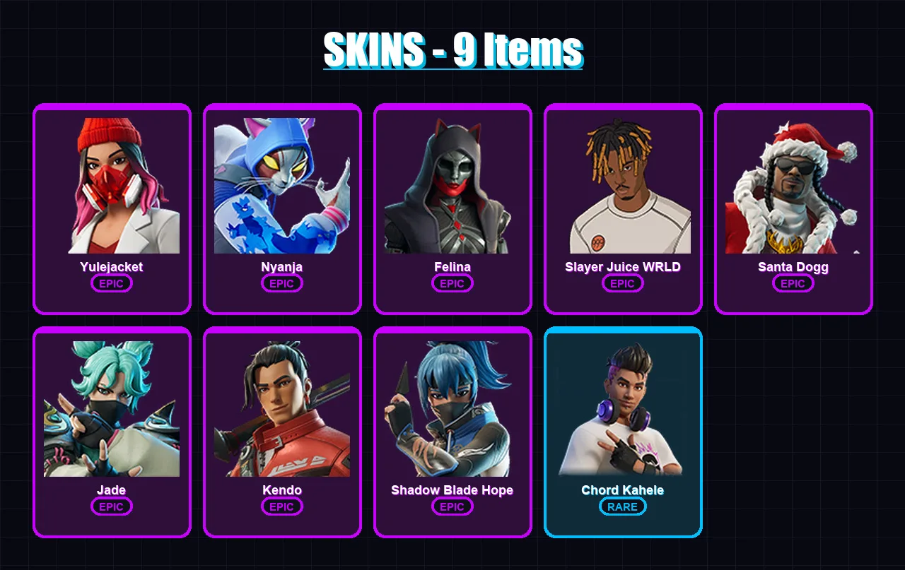 [PC/XBOX] | Yulejacket | Nyanja | Felina | Slayer Juice WRLD | Santa Dogg | 9 skin | 23 pickaxe | 13 emote | 15 glider | Lv158