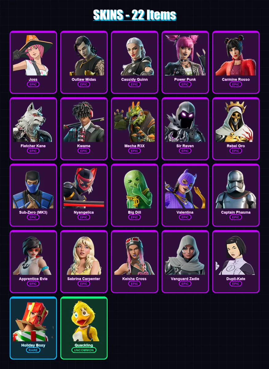 [SWITCH/PSN/PC] | Joss | Outlaw Midas | Cassidy Quinn | Power Punk | Carmine Rosso | 22 skin | 31 pickaxe | 28 emote | 23 glider | Lv462