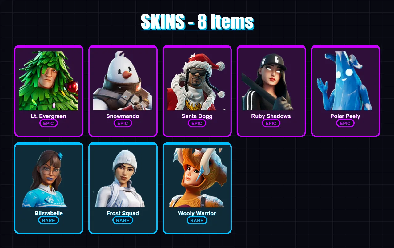 [PC/XBOX/PSN] | Lt. Evergreen | Snowmando | Santa Dogg | Ruby Shadows | Polar Peely | 8 skin | 27 pickaxe | 27 emote | 25 glider | Lv517
