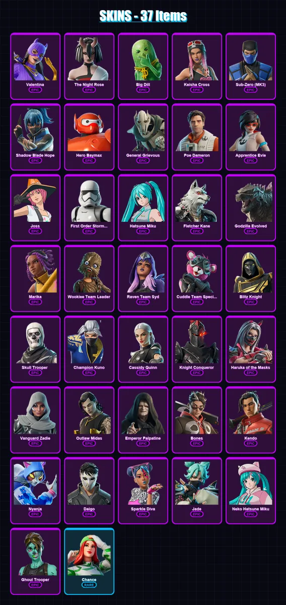[PC/PSN] | Valentina | The Night Rose | Big Dill | Keisha Cross | Sub-Zero (MK3) | 37 skin | 63 pickaxe | 41 emote | 41 glider | Lv611