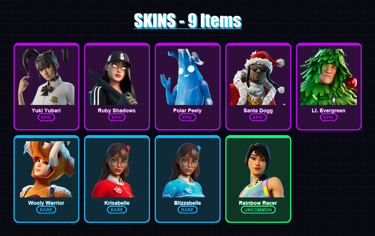[PC/XBOX] | Yuki Yubari | Ruby Shadows | Polar Peely | Santa Dogg | Lt. Evergreen | 9 skin | 27 pickaxe | 28 emote | 34 glider | Lv630