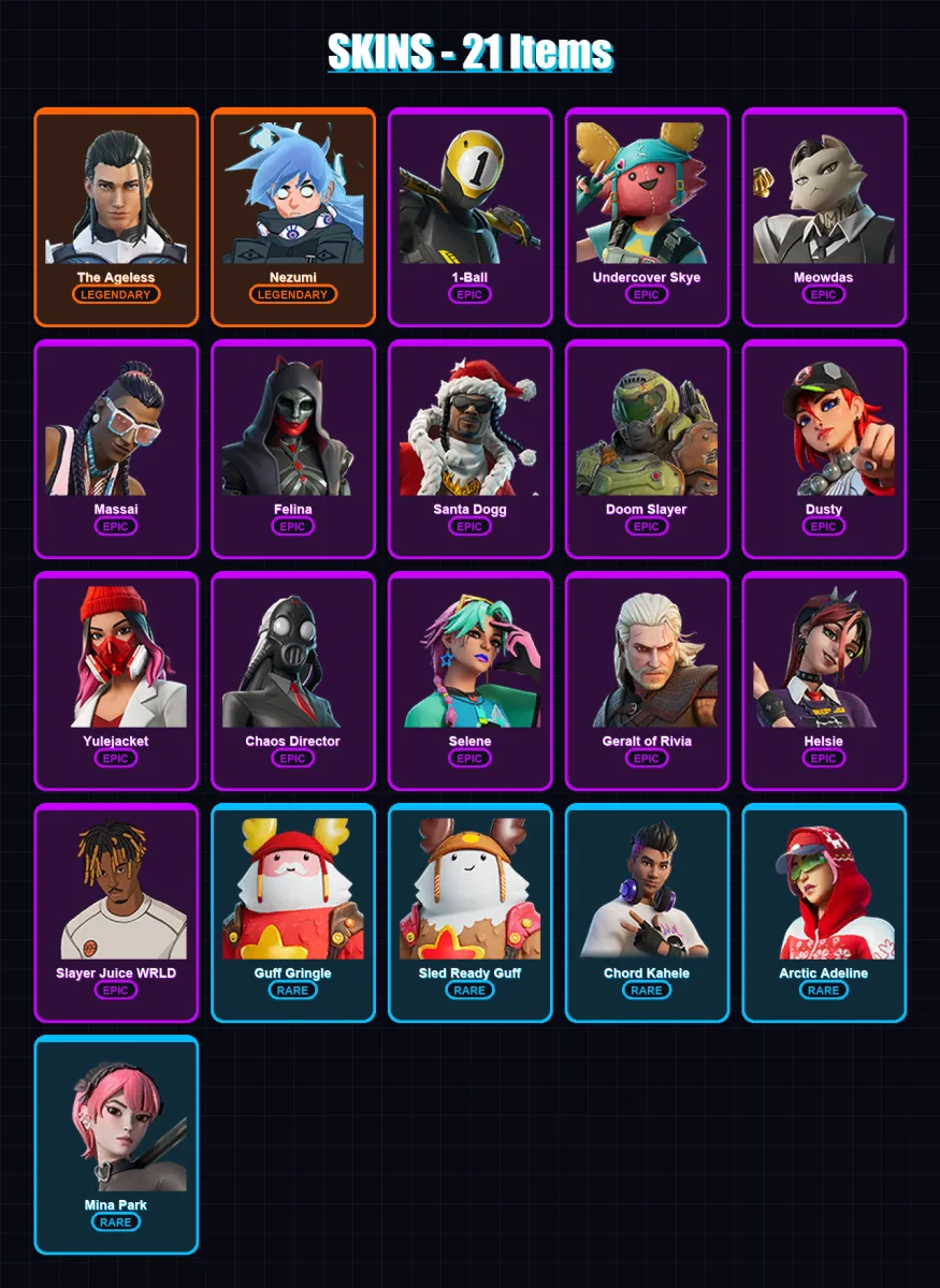 [PC/XBOX/PSN] | The Ageless | Nezumi | 1-Ball | Undercover Skye | Meowdas | 21 skin | 49 pickaxe | 28 emote | 34 glider | Lv398