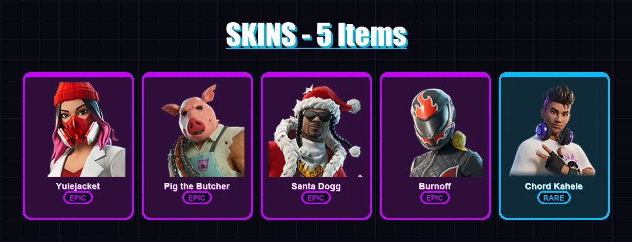 [PC/XBOX/PSN] | Yulejacket | Pig the Butcher | Santa Dogg | Burnoff | Chord Kahele | 5 skin | 51 pickaxe | 16 emote | 28 glider | Lv317