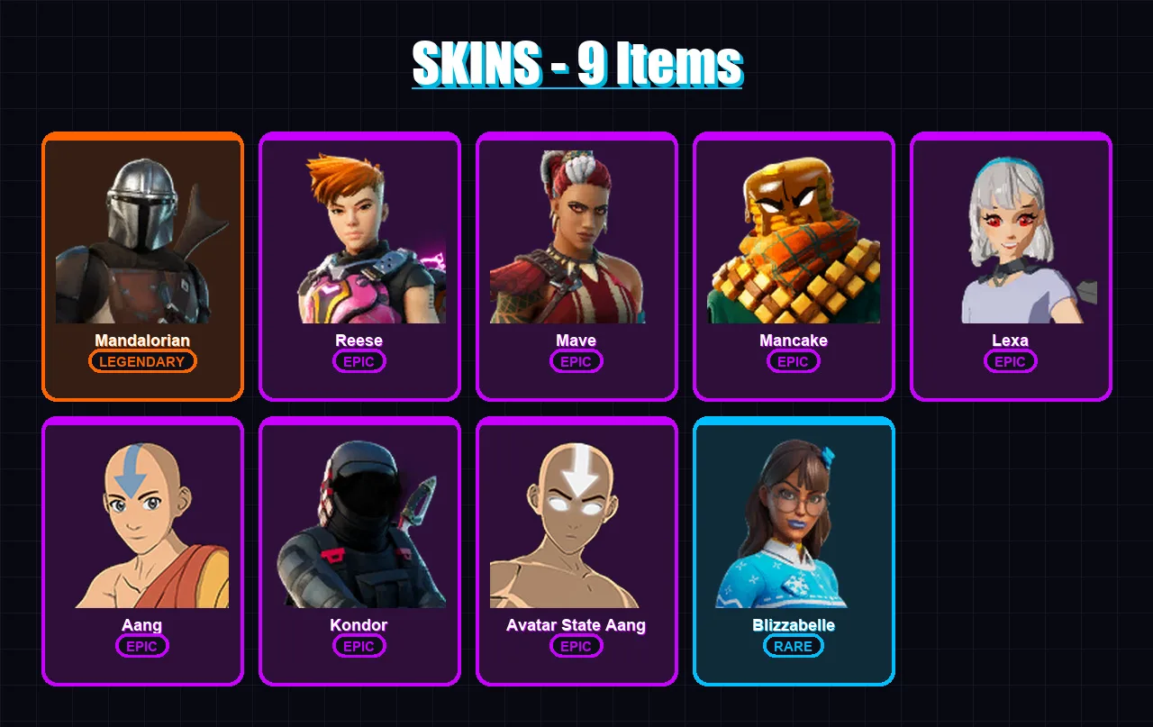 [PC/XBOX/PSN] | Mandalorian | Reese | Mave | Mancake | Lexa | 9 skin | 26 pickaxe | 19 emote | 23 glider | Lv344