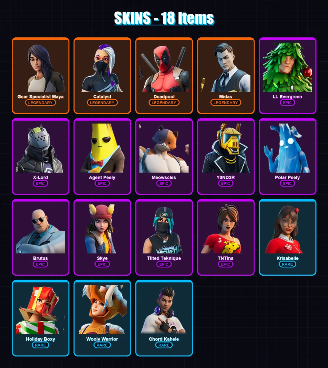 [PC/XBOX] | Gear Specialist Maya | Catalyst | Deadpool | Midas | Lt. Evergreen | 18 skin | 44 pickaxe | 46 emote | 46 glider | Lv816
