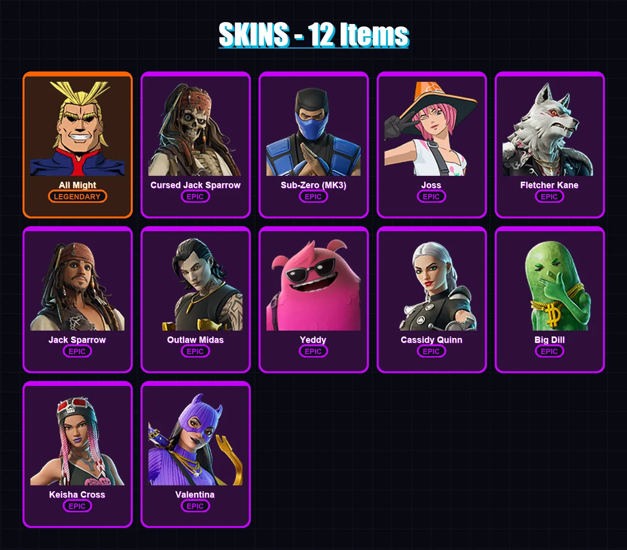 [PC/XBOX/PSN] | All Might | Cursed Jack Sparrow | Sub-Zero (MK3) | Joss | Fletcher Kane | 12 skin | 28 pickaxe | 19 emote | 21 glider | Lv205
