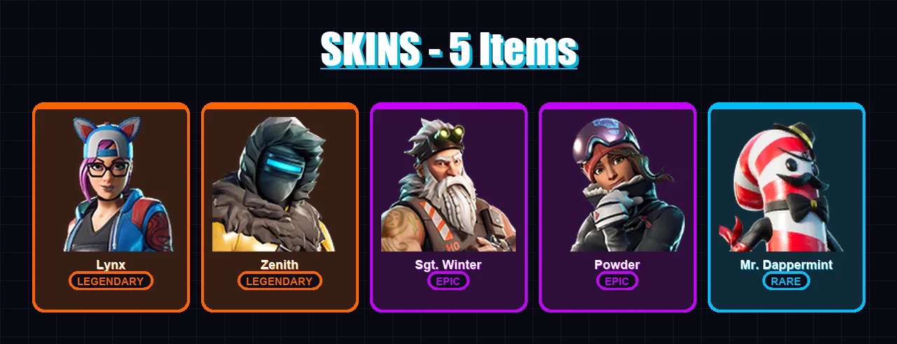 [PC/XBOX/PSN] | Lynx | Zenith | Sgt. Winter | Powder | Mr. Dappermint | 5 skin | 4 pickaxe | 7 emote | 7 glider | Lv39