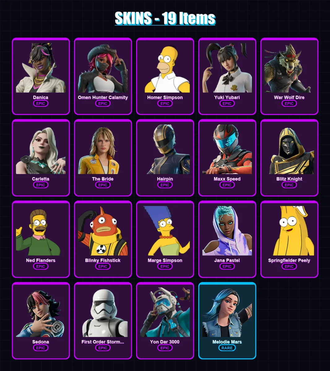 [PC/XBOX/PSN] | Danica | Omen Hunter Calamity | Homer Simpson | Yuki Yubari | War Wolf Dire | 19 skin | 43 pickaxe | 26 emote | 25 glider | Lv281
