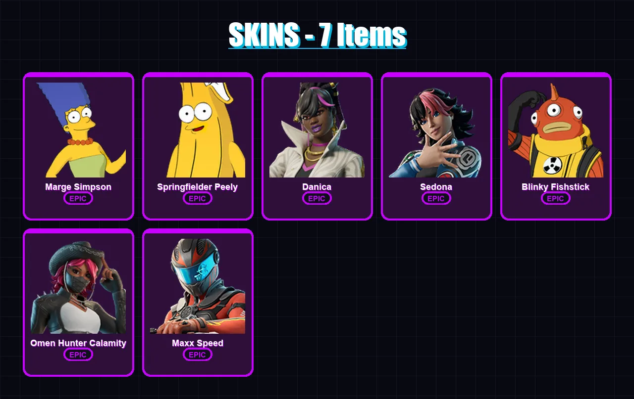 [PC/PSN] | Marge Simpson | Springfielder Peely | Danica | Sedona | Blinky Fishstick | 7 skin | 8 pickaxe | 4 emote | 6 glider | Lv23