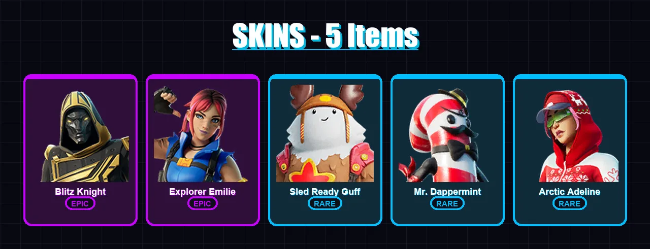 [PC/PSN] | Blitz Knight | Explorer Emilie | Sled Ready Guff | Mr. Dappermint | Arctic Adeline | 5 skin | 6 pickaxe | 4 emote | 7 glider | Lv29