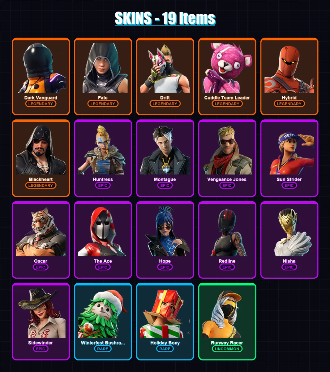 [PC/XBOX] | Dark Vanguard | Fate | Drift | Cuddle Team Leader | Hybrid | 19 skin | 21 pickaxe | 29 emote | 21 glider | Lv273