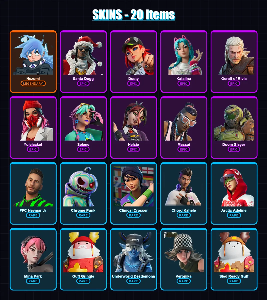[PC/XBOX/PSN] | Nezumi | Santa Dogg | Dusty | Katalina | Geralt of Rivia | 20 skin | 40 pickaxe | 15 emote | 25 glider | Lv367