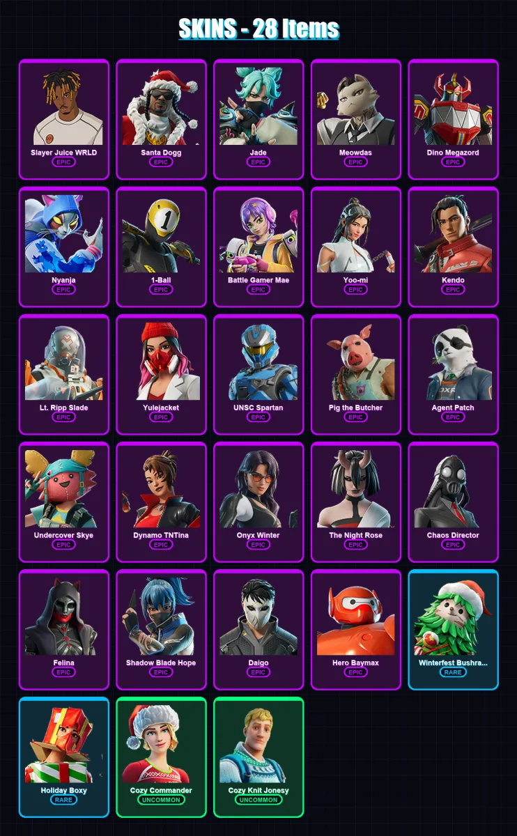 [PC/XBOX/PSN] | Slayer Juice WRLD | Santa Dogg | Jade | Meowdas | Dino Megazord | 28 skin | 66 pickaxe | 32 emote | 47 glider | Lv824