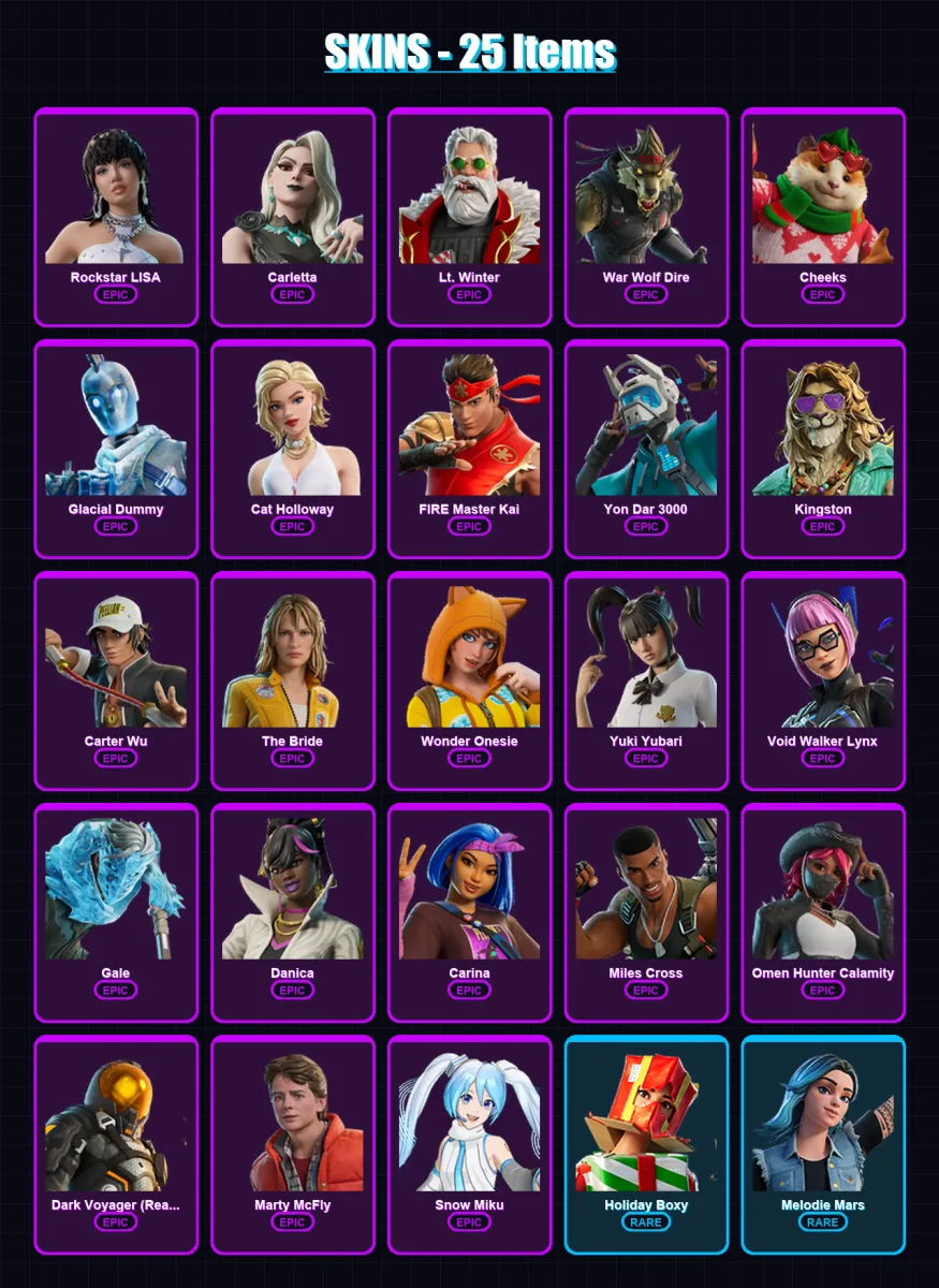 [PC/PSN] | Rockstar LISA | Carletta | Lt. Winter | War Wolf Dire | Cheeks | 25 skin | 33 pickaxe | 25 emote | 24 glider | Lv236