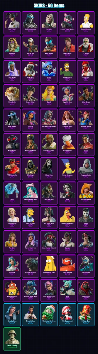 [PC/PSN] | Yuki Yubari | Skull Commander | Carletta | Cuddle Team Specialist | Homer Simpson | 66 skin | 98 pickaxe | 63 emote | 56 glider | Lv847 — Fortnite account