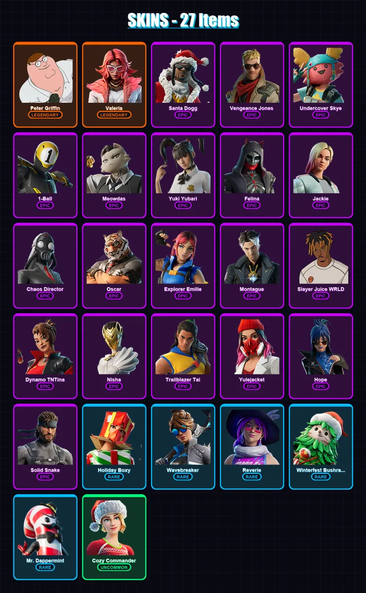 [PC/PSN] | Peter Griffin | Valeria | Santa Dogg | Vengeance Jones | Undercover Skye | 27 skin | 63 pickaxe | 28 emote | 48 glider | Lv548