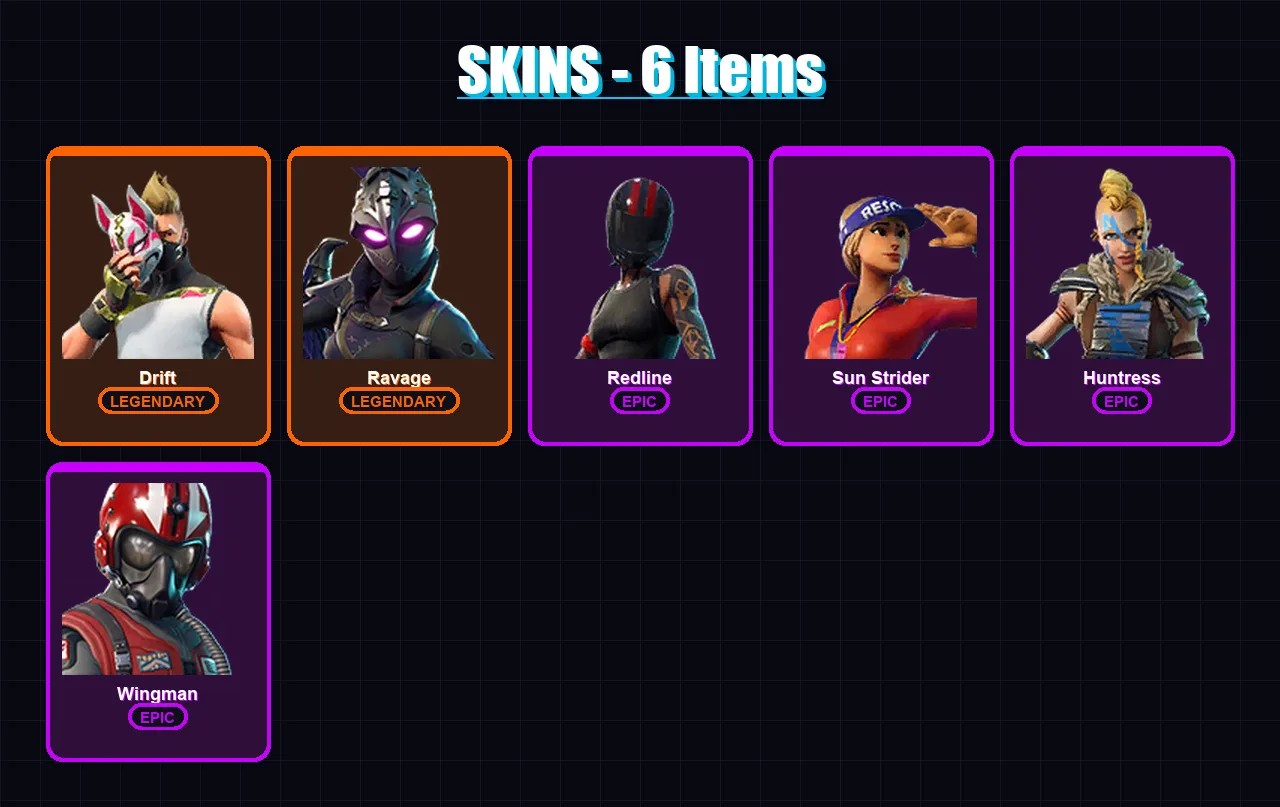 [PC/XBOX/PSN] | Drift | Ravage | Redline | Sun Strider | Huntress | 6 skin | 5 pickaxe | 9 emote | 7 glider | Lv122
