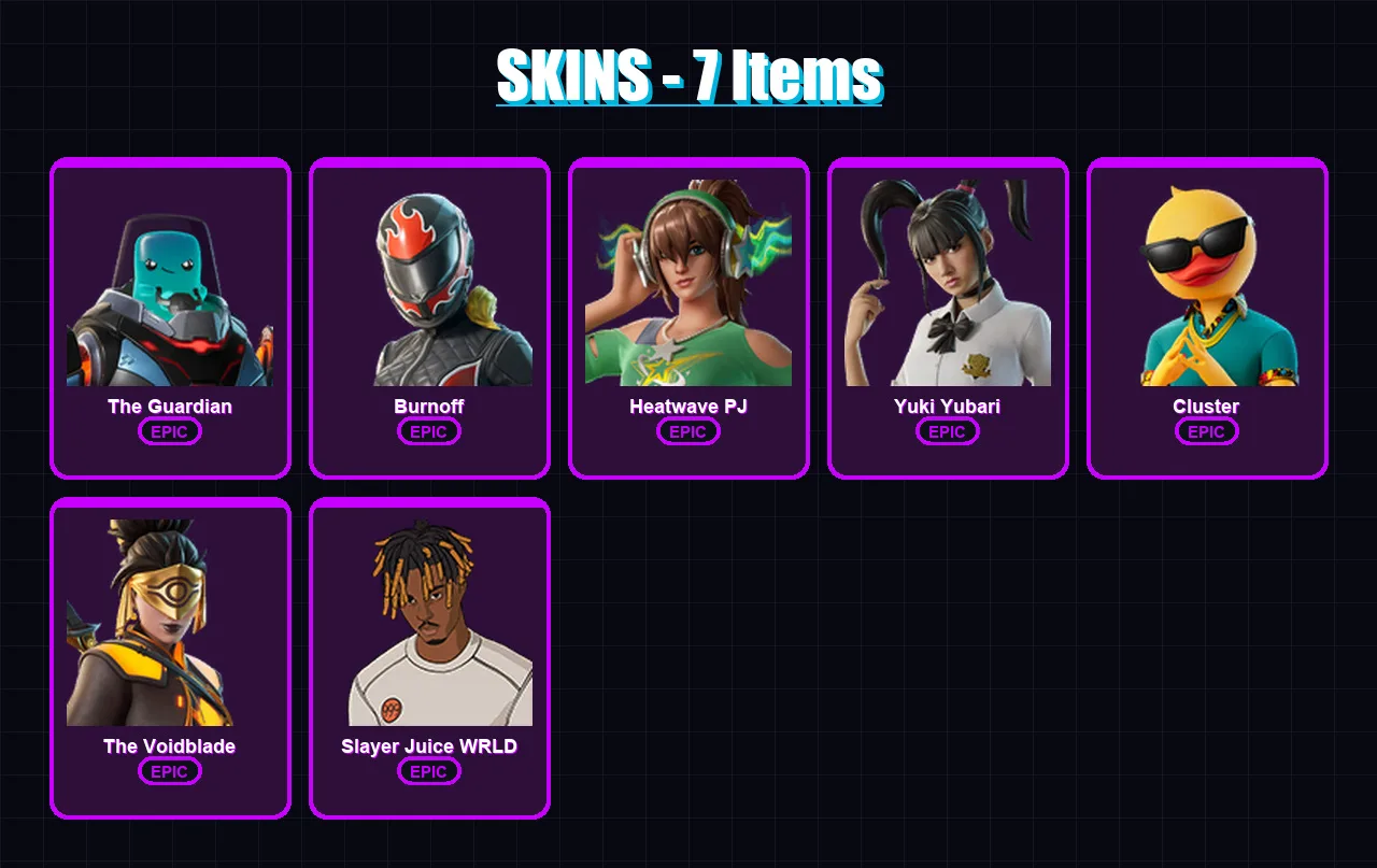 [PC/XBOX/PSN] | The Guardian | Burnoff | Heatwave PJ | Yuki Yubari | Cluster | 7 skin | 23 pickaxe | 15 emote | 16 glider | Lv113