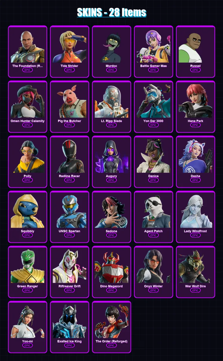 [PC/XBOX/PSN] | The Foundation (Reforged) | Tide Strider | Murdoc | Battle Gamer Mae | Russel | 28 skin | 39 pickaxe | 27 emote | 22 glider | Lv223