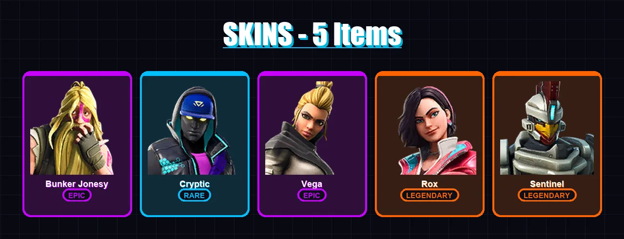 [PC/XBOX/PSN] | Bunker Jonesy | Cryptic | Vega | Rox | Sentinel | 5 skin | 3 pickaxe | 8 emote | 6 glider | Lv100