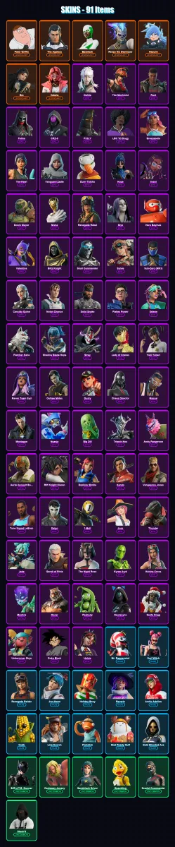 [PC/XBOX] | Peter Griffin | The Ageless | Backlash | Renzo the Destroyer | Nezumi | 91 skin | 105 pickaxe | 60 emote | 60 glider | Lv758