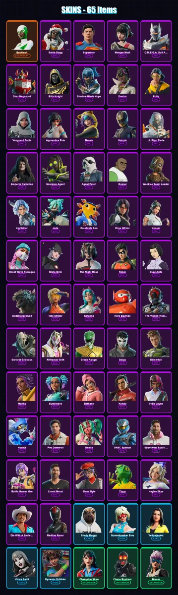 [PC/XBOX/PSN] | Backlash | Santa Dogg | Superman | Morgan Myst | O.M.E.G.A. Suit Alpha | 65 skin | 84 pickaxe | 66 emote | 48 glider | Lv1720