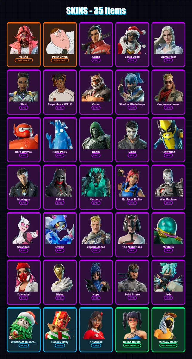 [PC/XBOX/PSN] | Valeria | Peter Griffin | Kendo | Santa Dogg | Emma Frost | 35 skin | 61 pickaxe | 52 emote | 51 glider | Lv1110 — Fortnite account