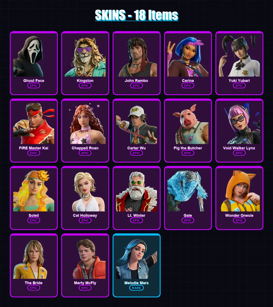 [PC/PSN] | Ghost Face | Kingston | John Rambo | Carina | Yuki Yubari | 18 skin | 30 pickaxe | 22 emote | 21 glider | Lv197