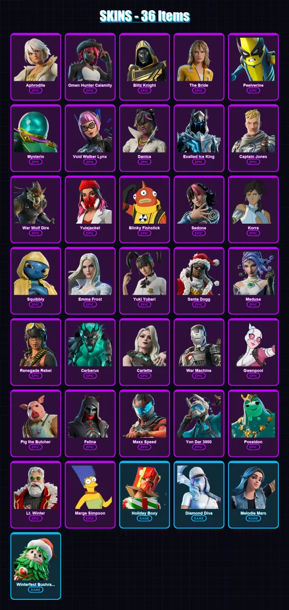 [PC/PSN] | Aphrodite | Omen Hunter Calamity | Blitz Knight | The Bride | Peelverine | 36 skin | 73 pickaxe | 41 emote | 42 glider | Lv505