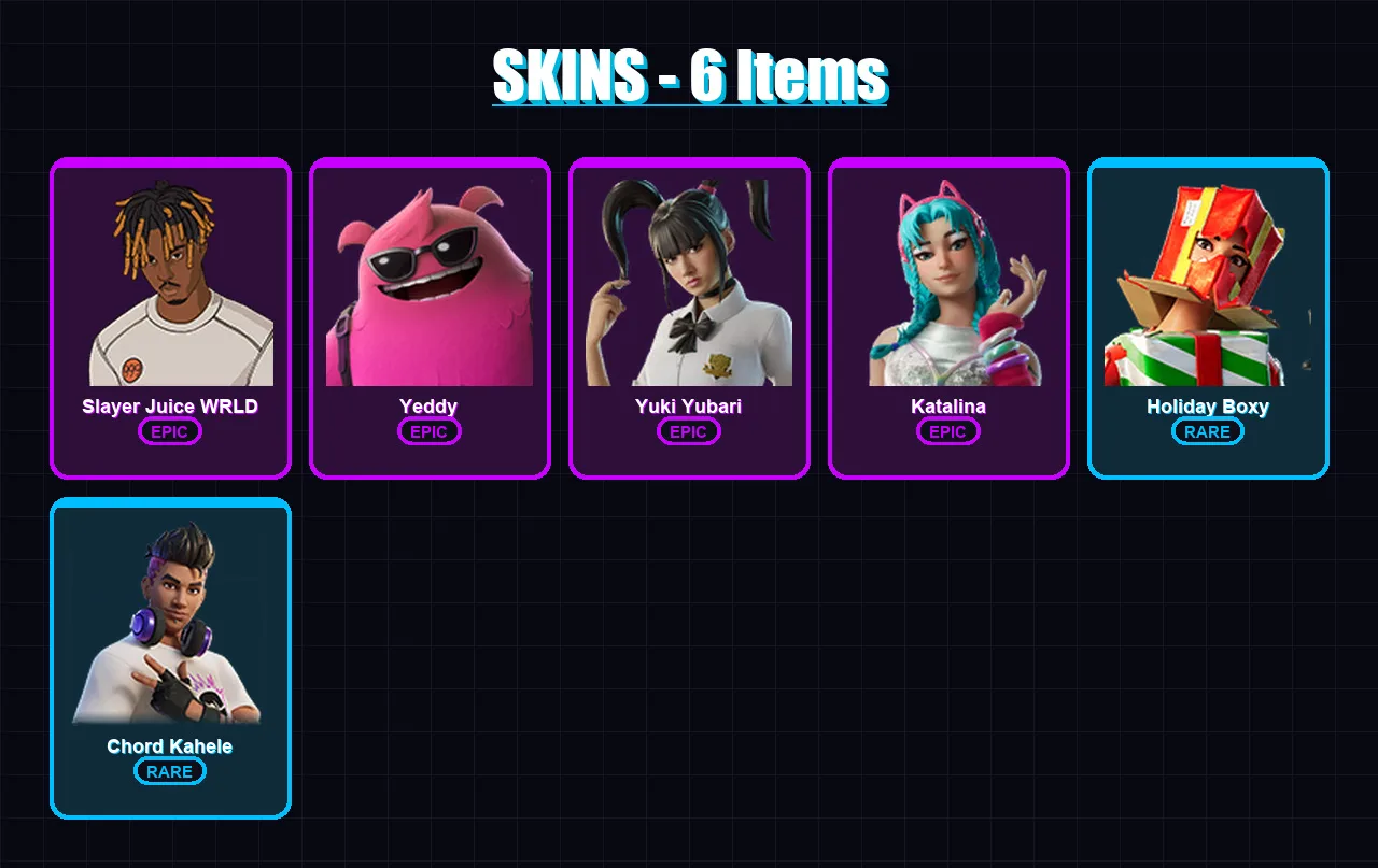 [PC/XBOX/PSN] | Slayer Juice WRLD | Yeddy | Yuki Yubari | Katalina | Holiday Boxy | 6 skin | 42 pickaxe | 17 emote | 20 glider | Lv327