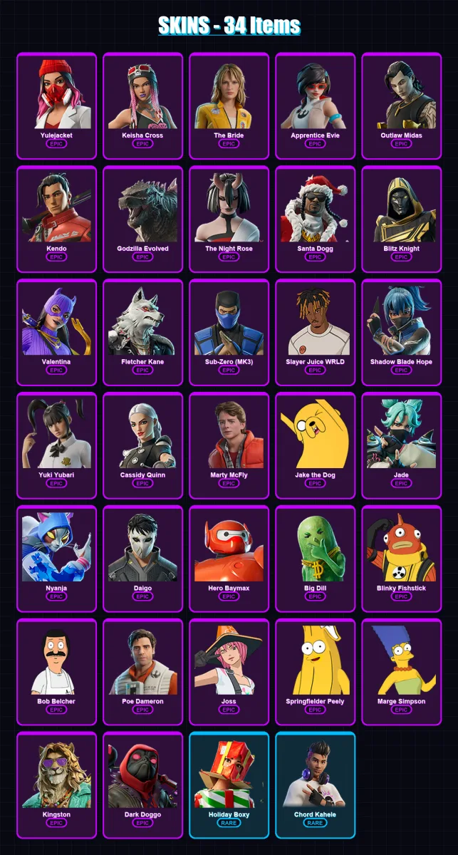 [SWITCH/XBOX/PSN/PC] | Yulejacket | Keisha Cross | The Bride | Apprentice Evie | Outlaw Midas | 34 skin | 69 pickaxe | 33 emote | 50 glider | Lv517 — Fortnite account