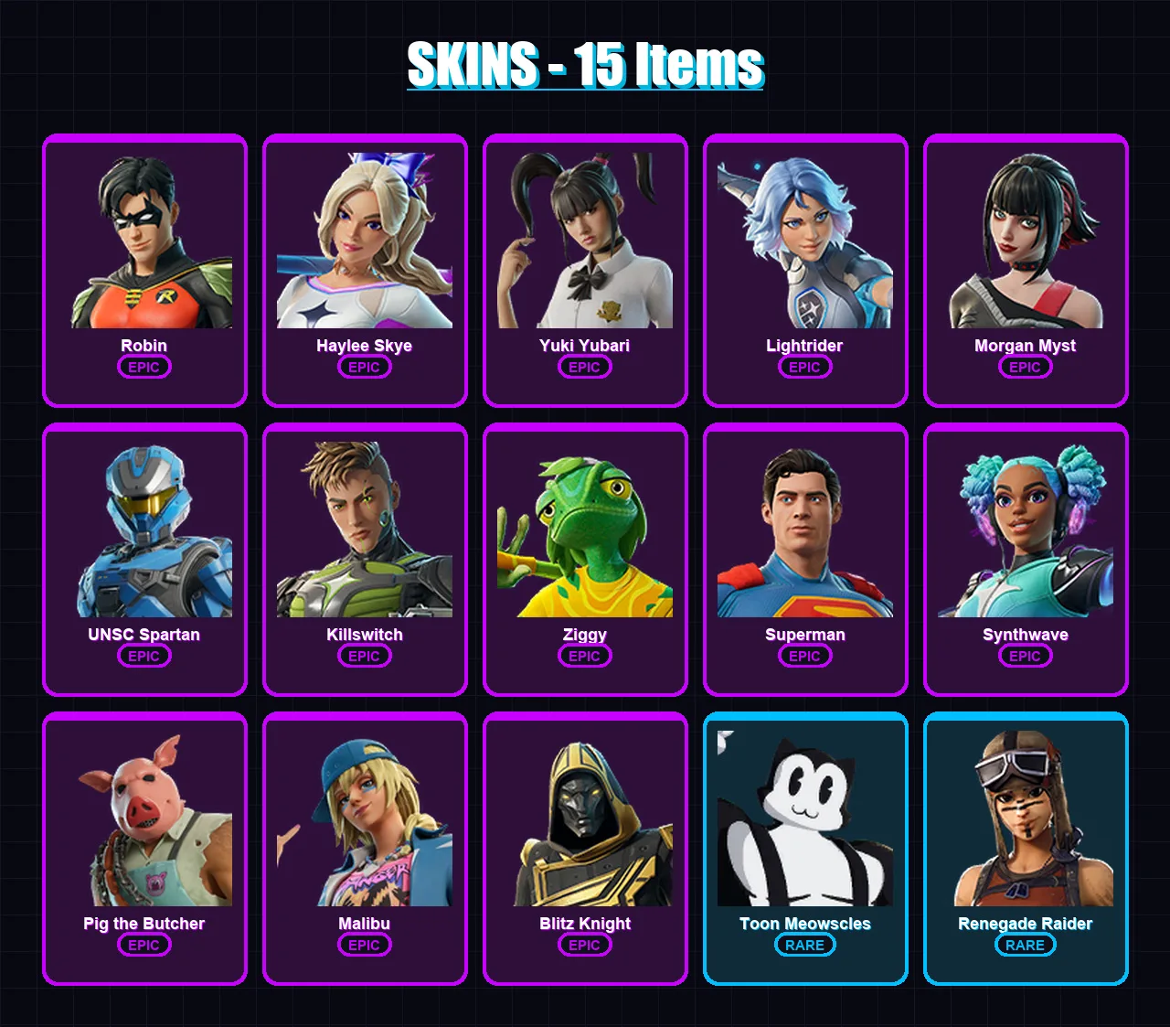 [PC/XBOX/PSN] | Robin | Haylee Skye | Yuki Yubari | Lightrider | Morgan Myst | 15 skin | 48 pickaxe | 28 emote | 32 glider | Lv482