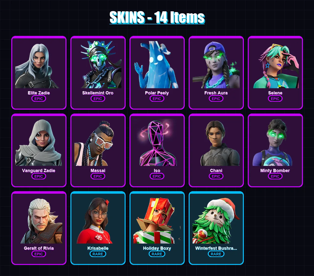 [PC/PSN] | Elite Zadie | Skellemint Oro | Polar Peely | Fresh Aura | Selene | 14 skin | 24 pickaxe | 13 emote | 19 glider | Lv166