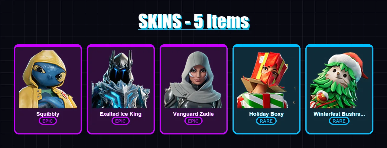 [PC/PSN] | Squibbly | Exalted Ice King | Vanguard Zadie | Holiday Boxy | Winterfest Bushranger | 5 skin | 27 pickaxe | 9 emote | 20 glider | Lv243