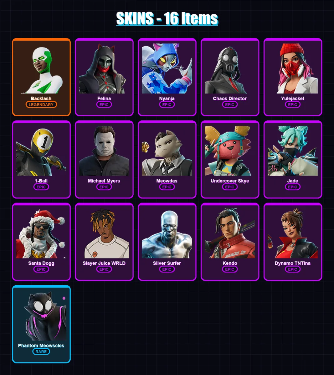 [PC/XBOX/PSN] | Backlash | Felina | Nyanja | Chaos Director | Yulejacket | 16 skin | 25 pickaxe | 19 emote | 17 glider | Lv179