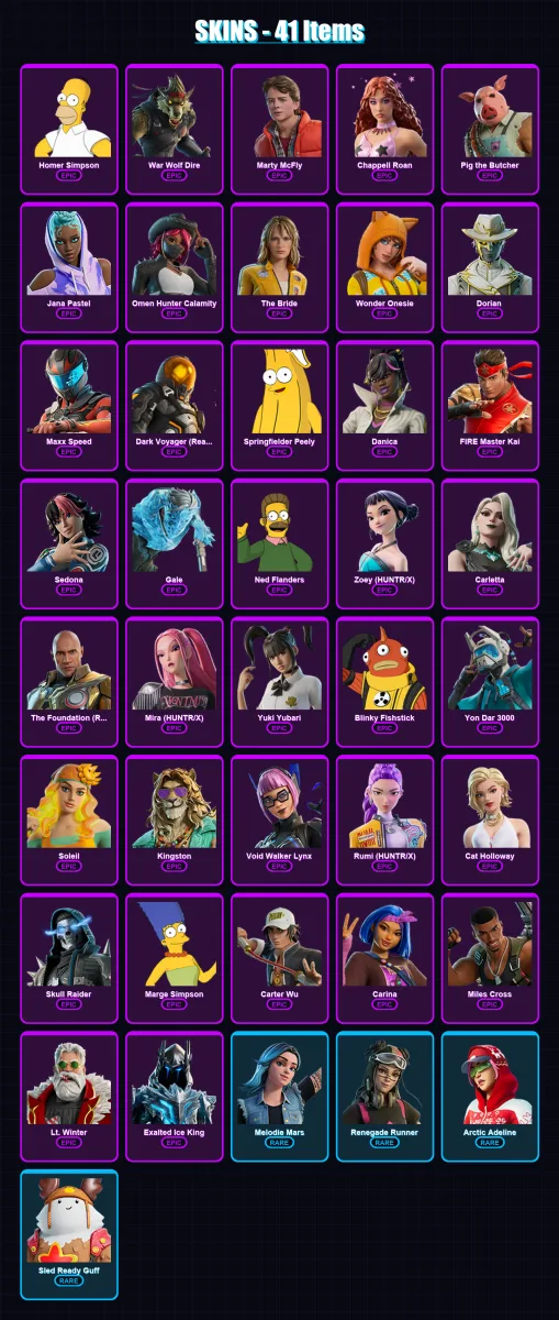 [PC/XBOX/PSN] | Homer Simpson | War Wolf Dire | Marty McFly | Chappell Roan | Pig the Butcher | 41 skin | 59 pickaxe | 36 emote | 34 glider | Lv403