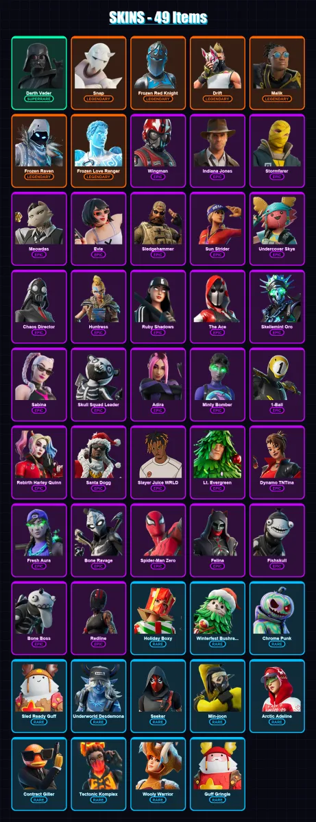 [PC/XBOX] | Darth Vader | Snap | Frozen Red Knight | Drift | Malik | 49 skin | 76 pickaxe | 50 emote | 63 glider | Lv1113