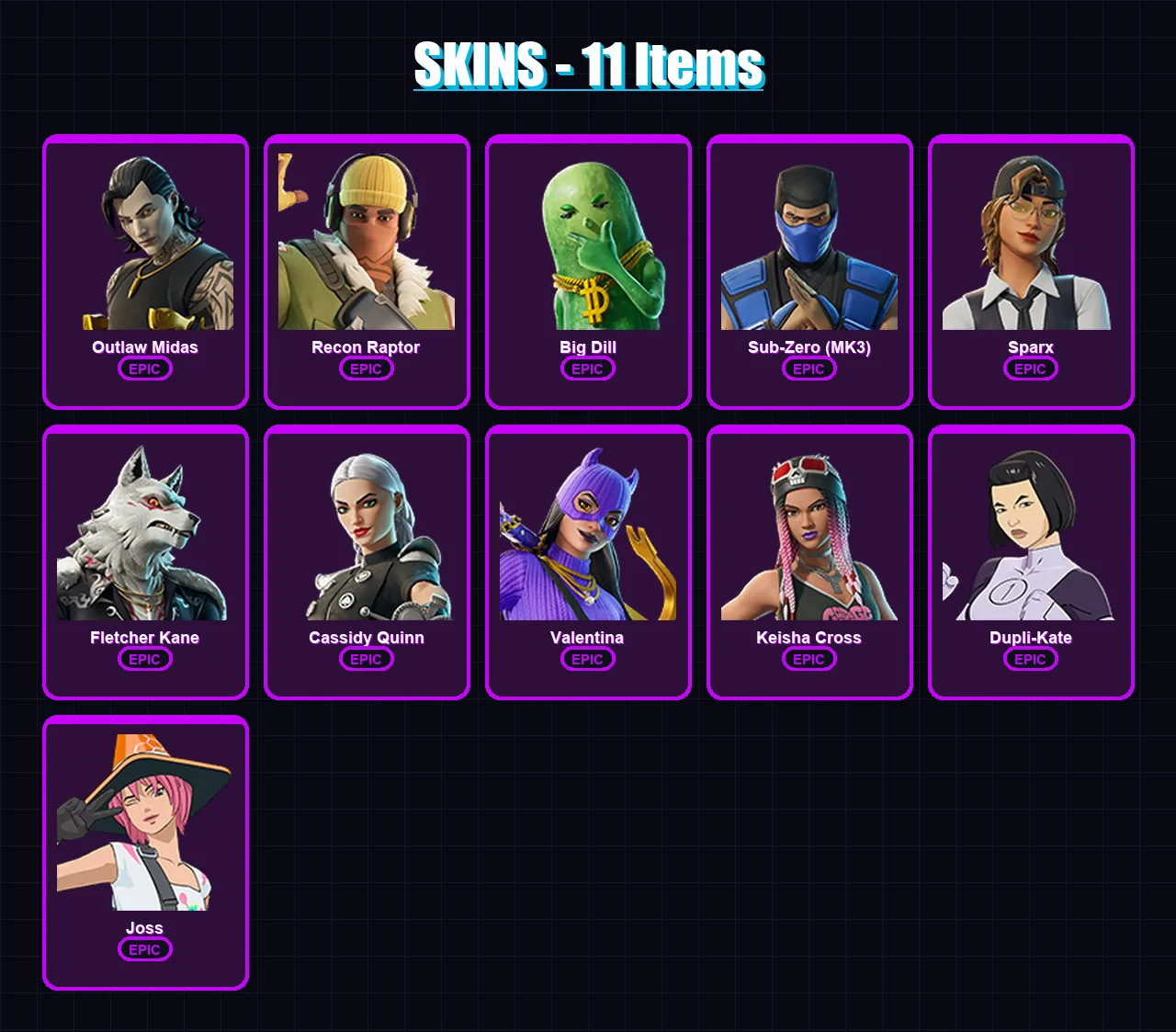 [PC/PSN] | Outlaw Midas | Recon Raptor | Big Dill | Sub-Zero (MK3) | Sparx | 11 skin | 29 pickaxe | 16 emote | 21 glider | Lv257 — Fortnite account