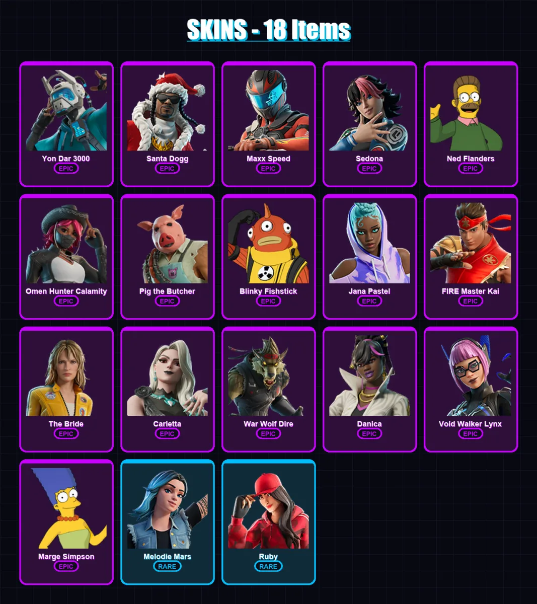[PC/PSN] | Yon Dar 3000 | Santa Dogg | Maxx Speed | Sedona | Ned Flanders | 18 skin | 40 pickaxe | 19 emote | 27 glider | Lv277