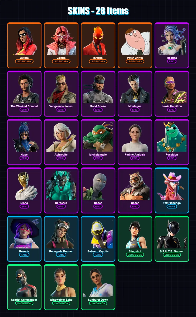 [PC/XBOX/PSN] | Joltara | Valeria | Inferno | Peter Griffin | Medusa | 28 skin | 23 pickaxe | 27 emote | 15 glider | Lv273 — Fortnite account