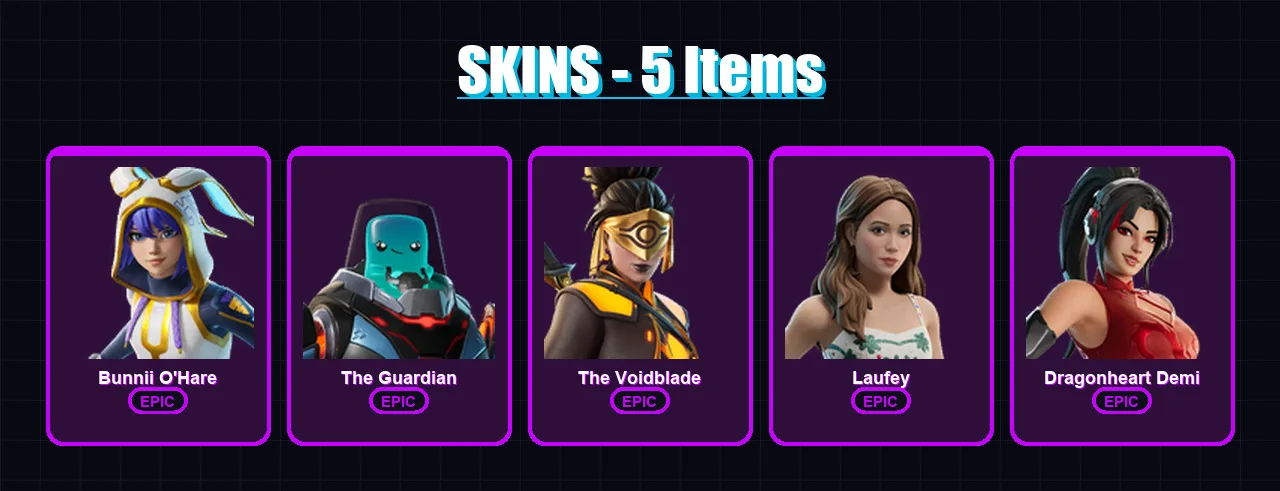 [PC/PSN] | Bunnii O'Hare | The Guardian | The Voidblade | Laufey | Dragonheart Demi | 5 skin | 4 pickaxe | 4 emote | 5 glider | Lv28