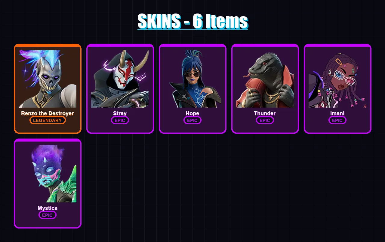 [PC/XBOX/PSN] | Renzo the Destroyer | Stray | Hope | Thunder | Imani | 6 skin | 9 pickaxe | 9 emote | 10 glider | Lv108